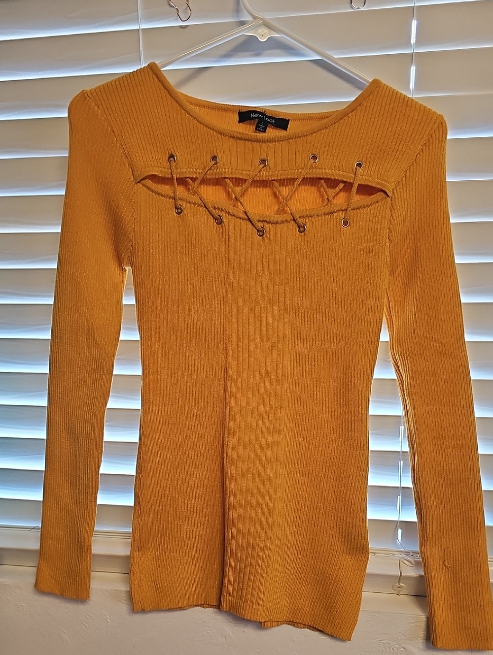 New Look Mustard Ribbed Lace-Up Long Sleeve Top
